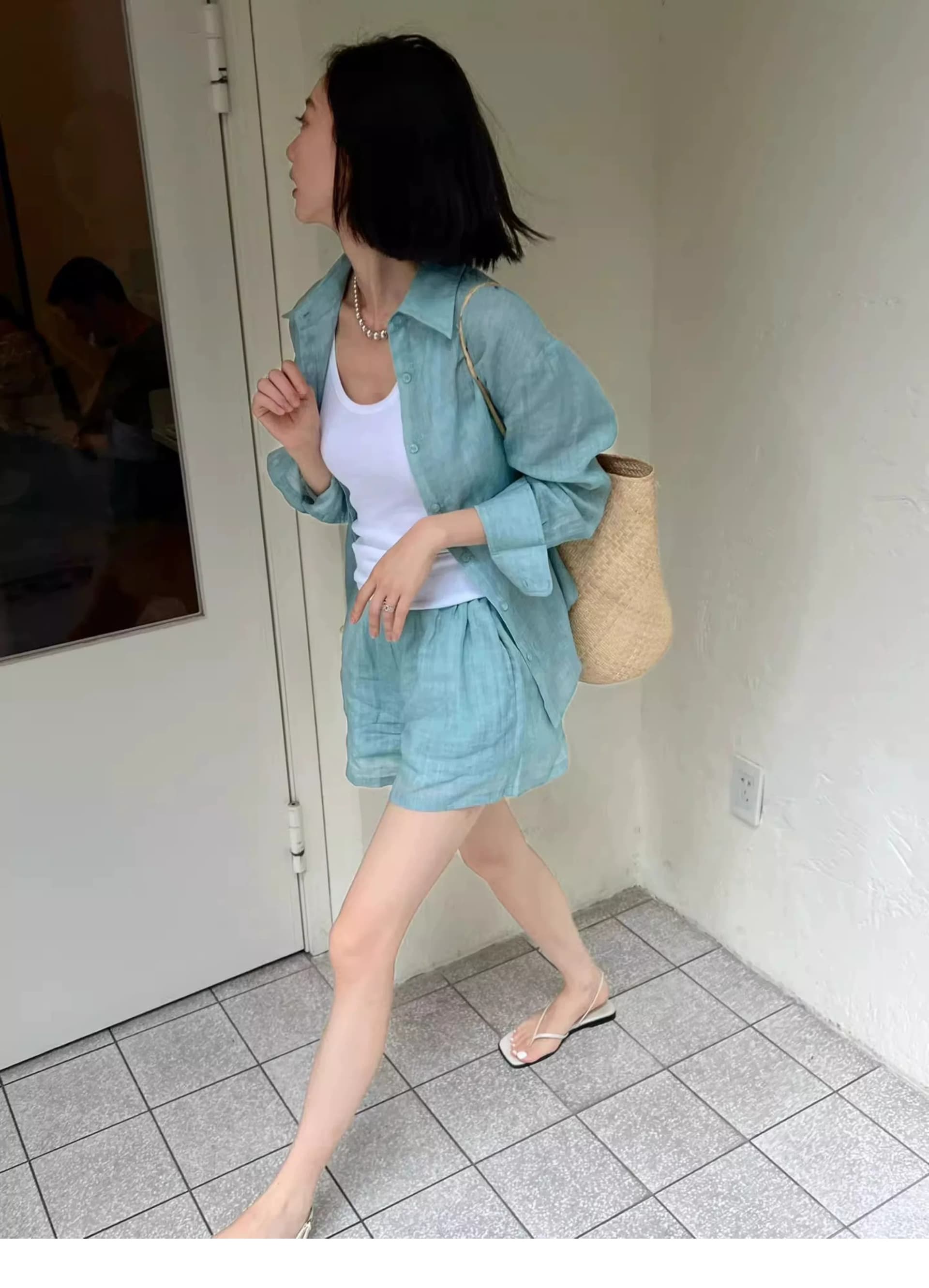 느슨함 센스 하늘빛 색상 아마 투피스 세트 얇고 가벼운 통기성 자외선 차단 셔츠 넓은 다리가 짧다. 바지 출퇴근 세트 투피스 세트 상세 이미지 2
