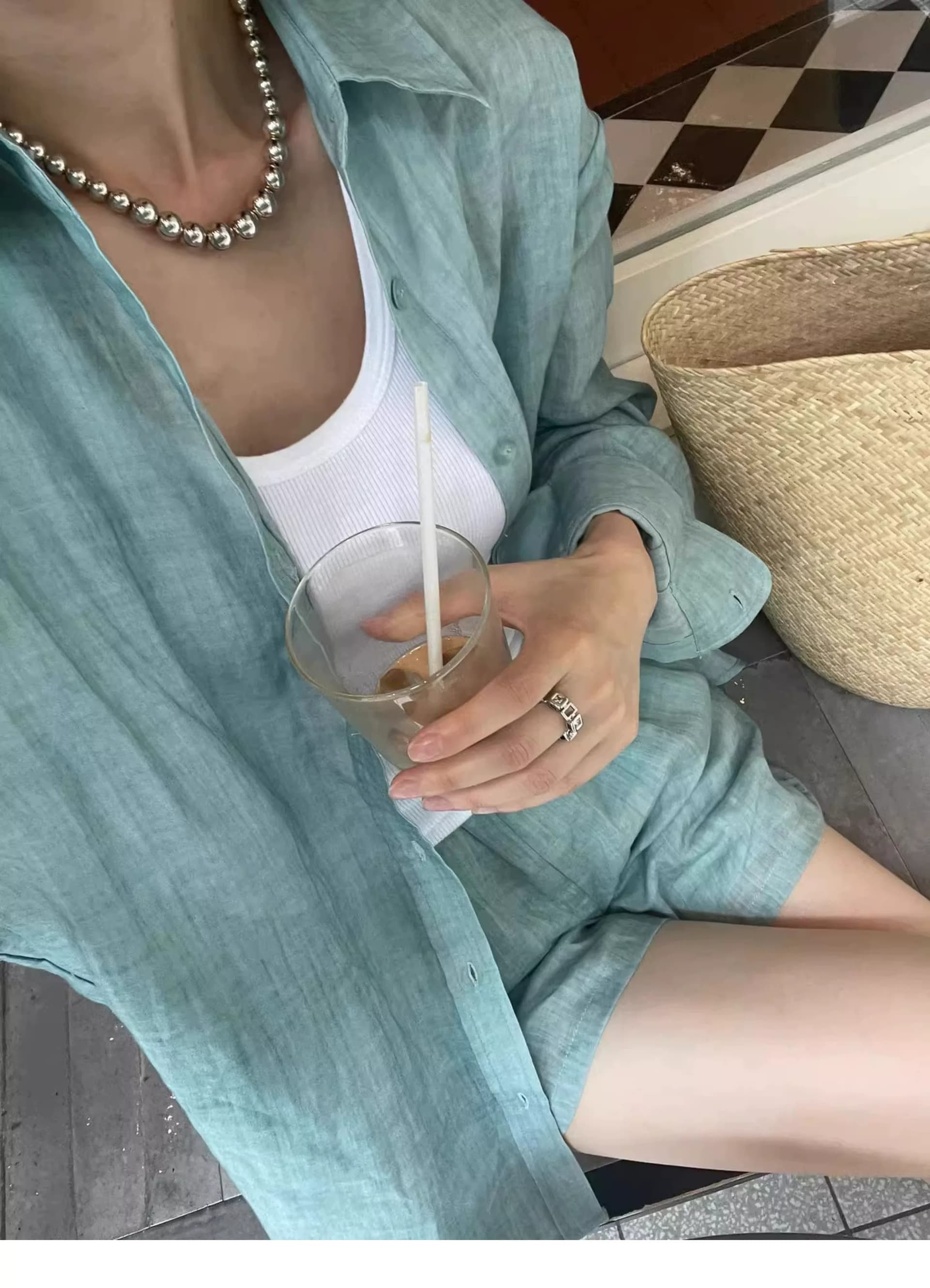 느슨함 센스 하늘빛 색상 아마 투피스 세트 얇고 가벼운 통기성 자외선 차단 셔츠 넓은 다리가 짧다. 바지 출퇴근 세트 투피스 세트 상세 이미지 6