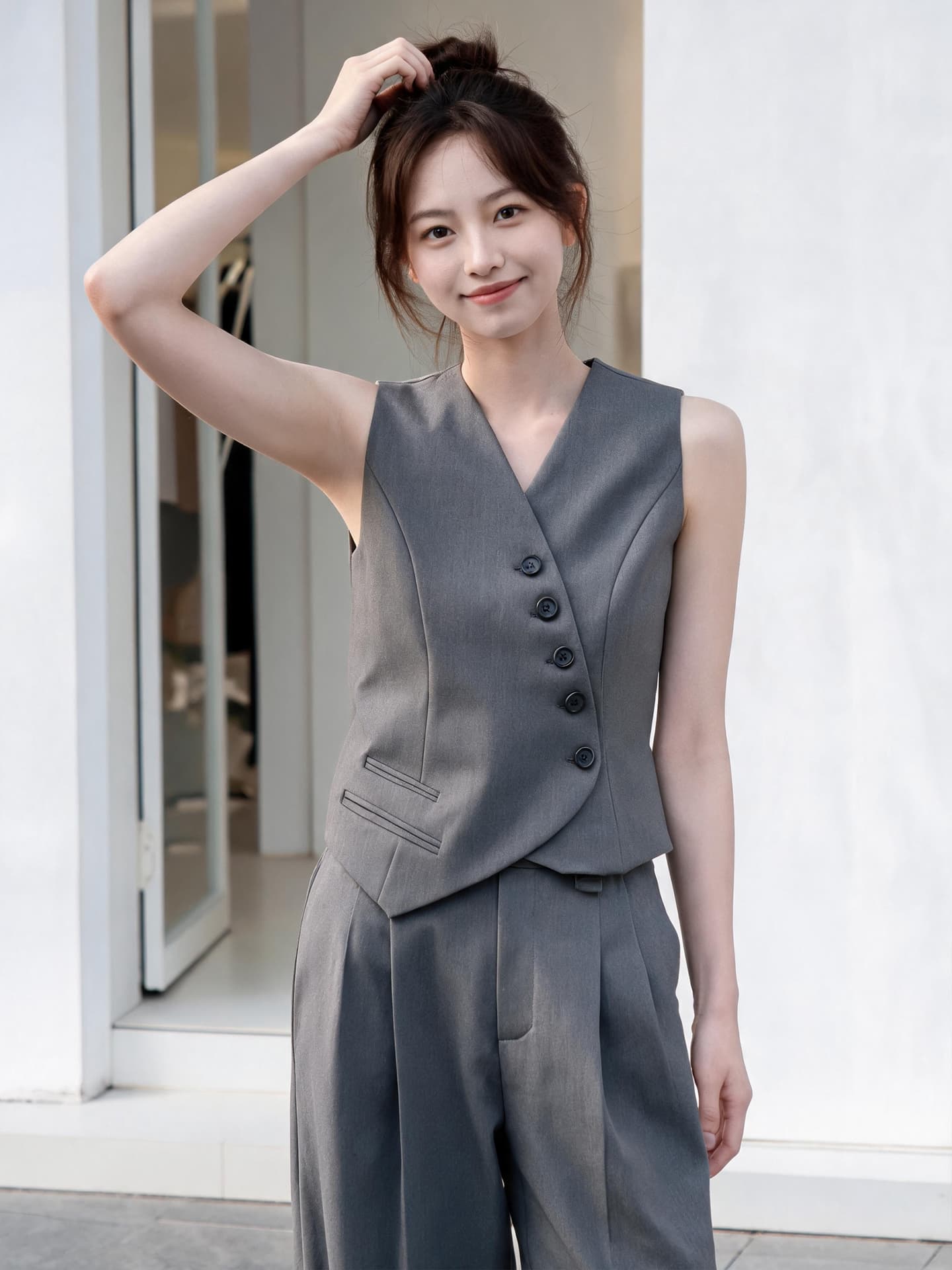 고급 회색 v 칼라 비스듬한 버클 정장 베스트 세트 여성 여름 하이웨이스트 와이드 레그 팬츠 품격 출퇴근 투피스 세트 이미지 3