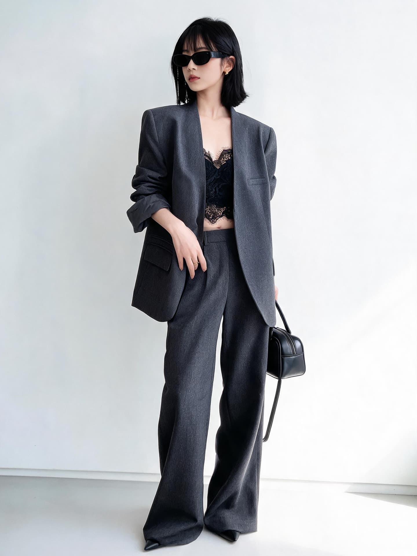 2026 가을 새로운 오래된 돈 바람 익스트림 제인 없음 칼라 회색 프로필 모양 여성 블레이저 와이드 레그 팬츠 투피스 세트 이미지 5