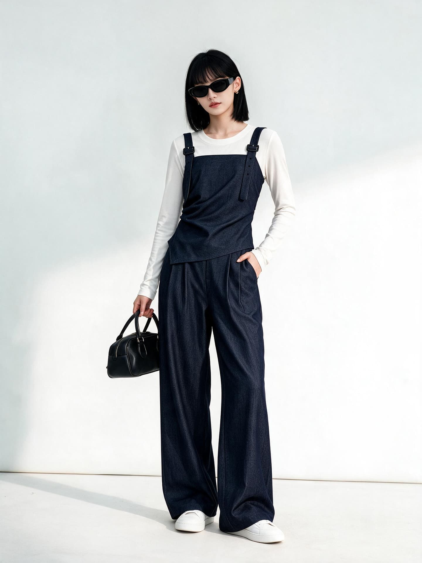 2026 이른 가을 디자인 센스 해군 모방 데님 수 있습니다. 조정 멜빵 불규칙 슬립 맨위 와이드 레그 팬츠 투피스 세트 이미지 4