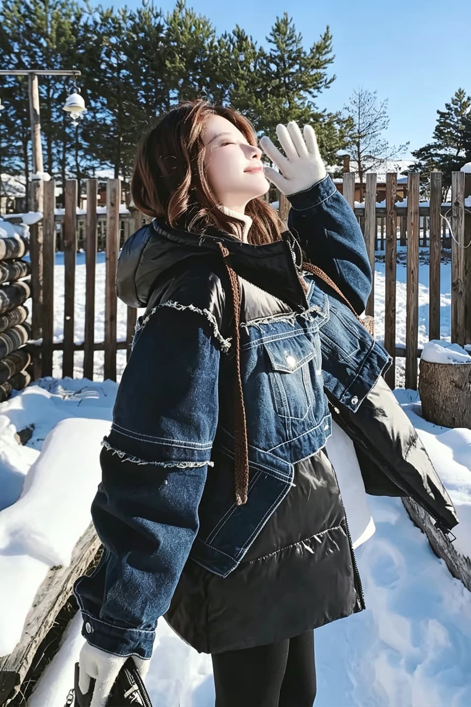 2026 겨울 새로운 데님 패치워크 다운 재킷 여성 거친 가장자리 페이크 레이어드 자수 후드 루즈핏 두꺼운 재킷 이미지 7
