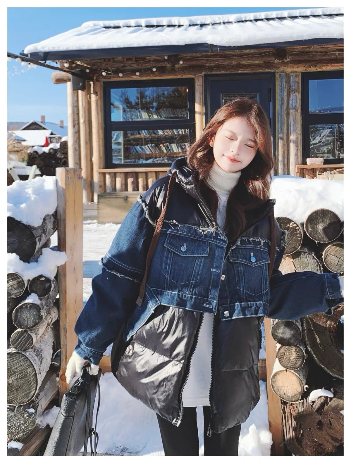 2026 겨울 새로운 데님 패치워크 다운 재킷 여성 거친 가장자리 페이크 레이어드 자수 후드 루즈핏 두꺼운 재킷 상세 이미지 22