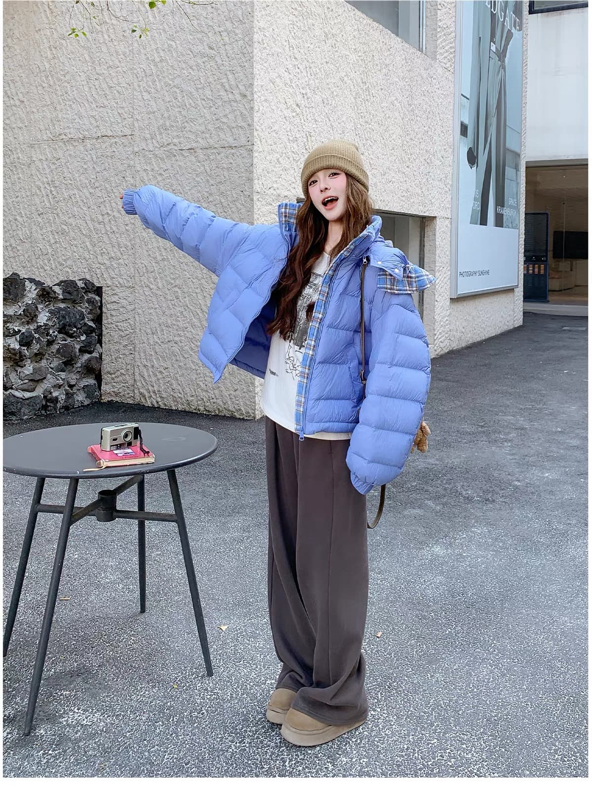 2026 겨울 한 부서 화이트 덕 다운 다운 재킷 여성 배색 체크무늬 후드 패딩 재킷 두꺼운 루즈핏 겨울 재킷 상세 이미지 11