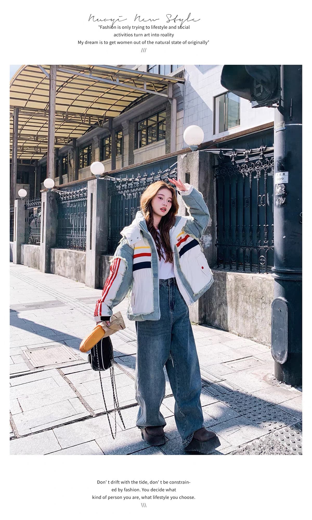 2026 겨울 새로운 레트로 데님 거친 가장자리 패치워크 다운 재킷 여성 후드 화이트 덕 다운 루즈핏 운동 바람 재킷 상세 이미지 11