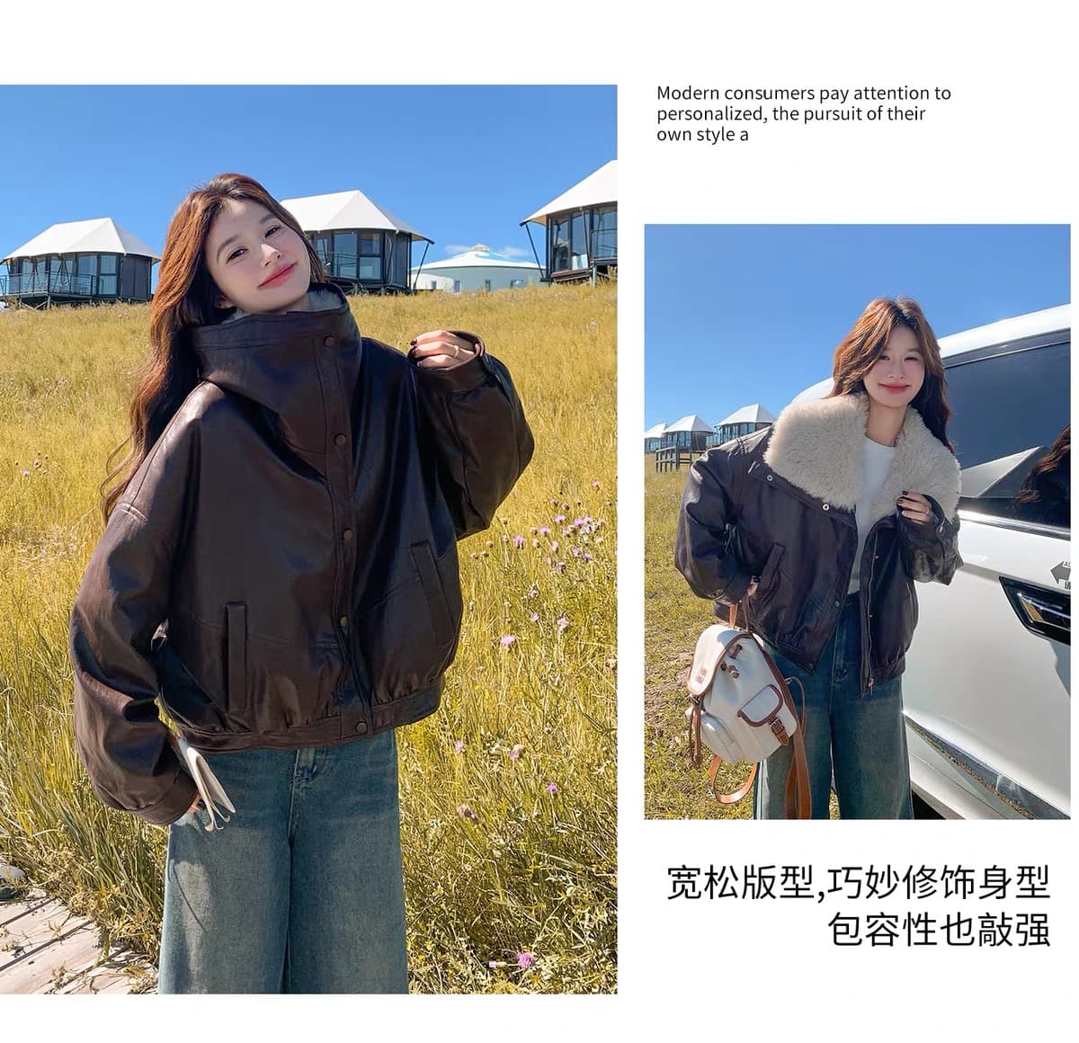 한 부서 큰 모피 칼라 pu 가죽 다운 재킷 여성 2026 겨울 쇼트 스타일 루즈핏 두꺼운 오토바이 가죽 재킷 재킷 상세 이미지 7