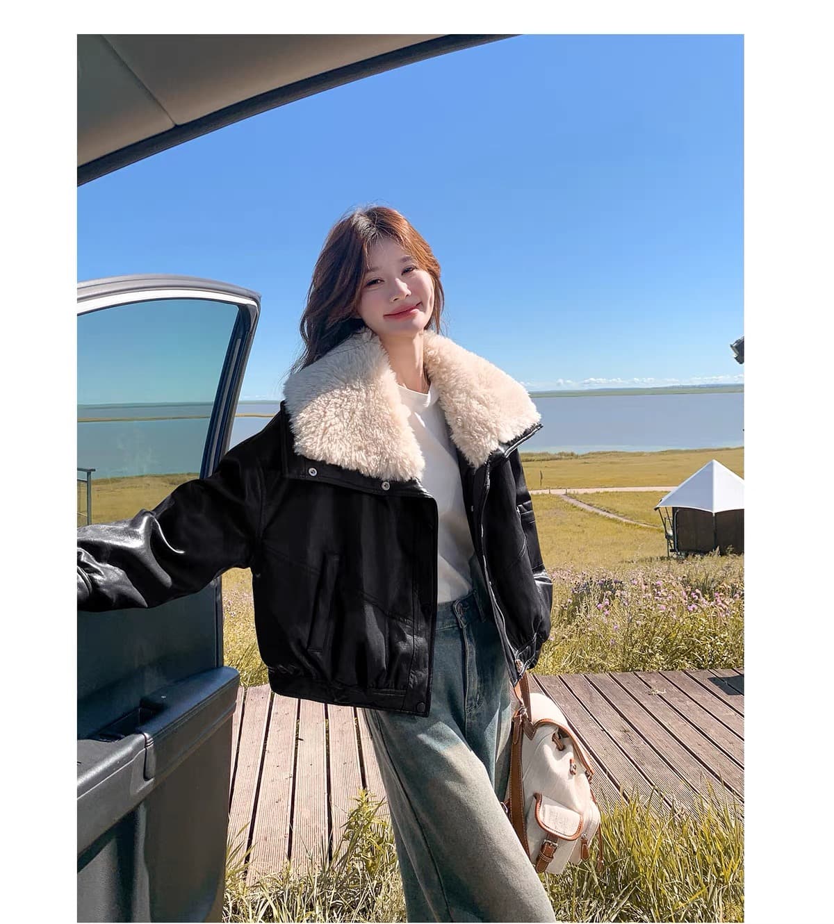 한 부서 큰 모피 칼라 pu 가죽 다운 재킷 여성 2026 겨울 쇼트 스타일 루즈핏 두꺼운 오토바이 가죽 재킷 재킷 상세 이미지 27