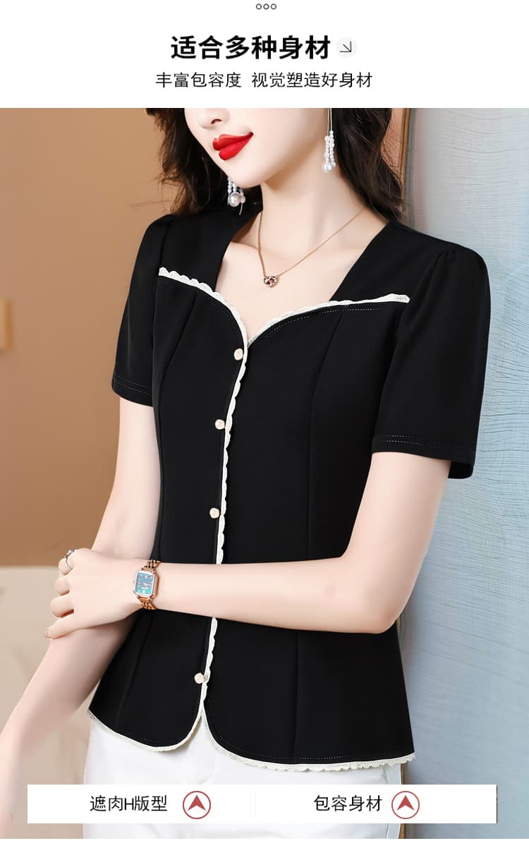 패션 배색 작은 샤넬 스타일 V넥 반팔 티셔츠 맨위 여성 여름 드레스 새로운 품격 우아함 외국 가스 몸매 가꾸기 기본 셔츠 상세 이미지 7