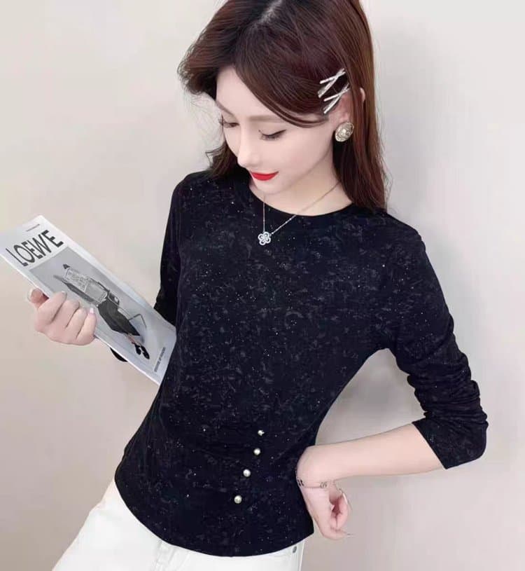 영 어머니 드레스 긴팔 라운드 넥 티셔츠 가을 의상 새로운 외국 가스 연령 감소 기본 셔츠 중노년 맨위 인사이드 가져 가라. 이미지 4