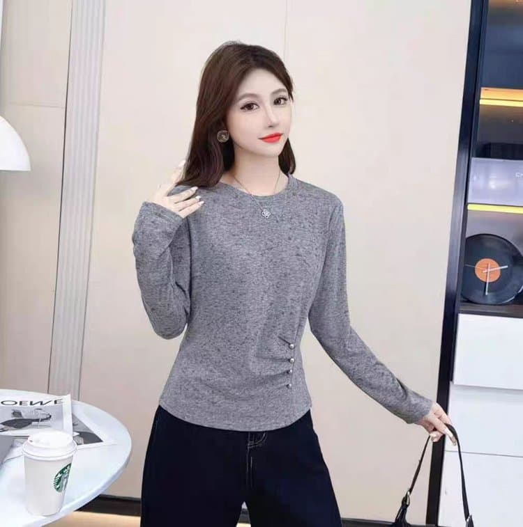 영 어머니 드레스 긴팔 라운드 넥 티셔츠 가을 의상 새로운 외국 가스 연령 감소 기본 셔츠 중노년 맨위 인사이드 가져 가라. 상세 이미지 1