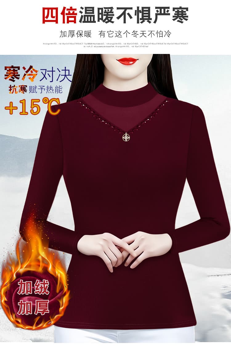 2026 가을 겨울 새로운 여성 의류 디자인 센스 무거운 작업 티셔츠 비즈 박기 망사 맨위 몸매 가꾸기 털이 있는 기본 셔츠 상세 이미지 7