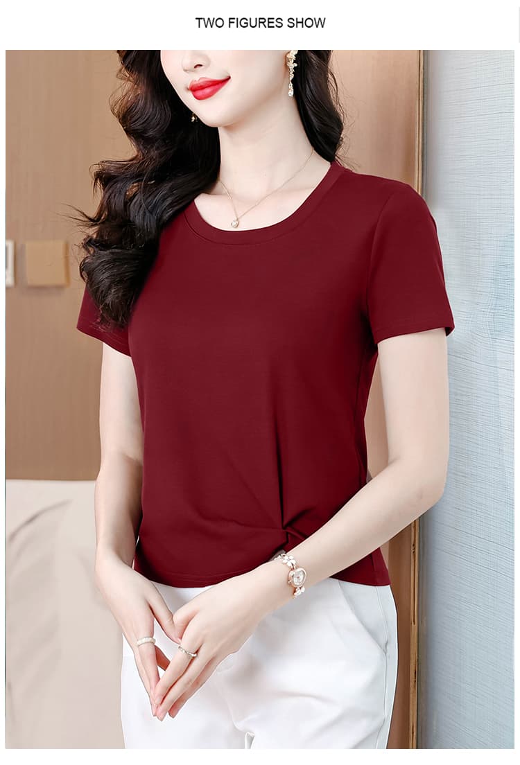 2026 여름 새로운 외국 가스 어머니 드레스 연령 감소 단색 만나는 맨위 라운드 넥 풀오버 긍정적 인 어깨 반팔 티셔츠 상세 이미지 21
