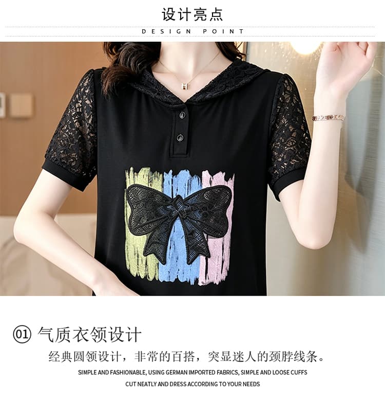 여름 어머니 드레스 외국 가스 레이스 나비 매듭 후드 프린트 반팔 티셔츠 연령 감소 다용도 루즈핏 슬림해 보이는 맨위 상세 이미지 6