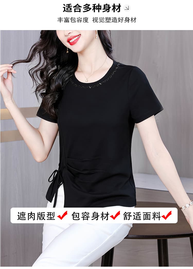 외국 가스 다용도 수신 Pleat 레이스업 디자인 센스 단색 맨위 티셔츠 봄 새로운 f 패션 슬림해 보이는 연령 감소 반팔 여성 상세 이미지 4
