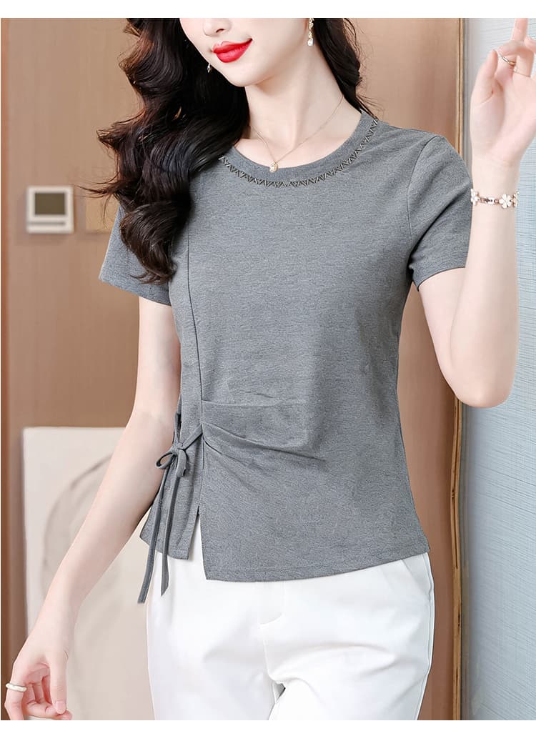 외국 가스 다용도 수신 Pleat 레이스업 디자인 센스 단색 맨위 티셔츠 봄 새로운 f 패션 슬림해 보이는 연령 감소 반팔 여성 상세 이미지 20