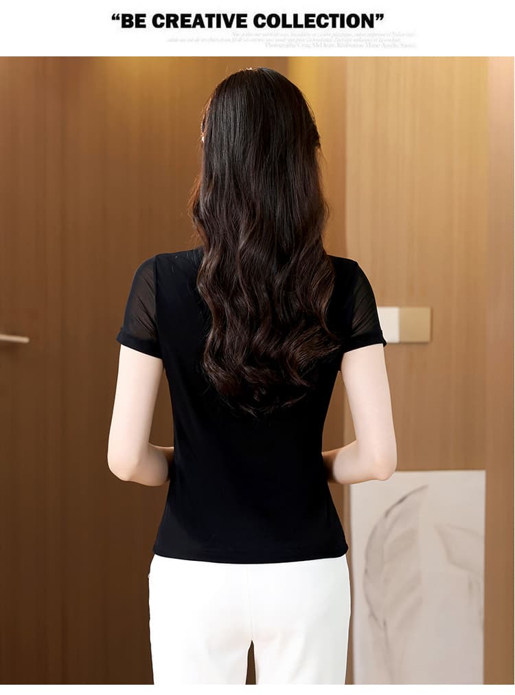 망사 패치워크 마이크로 ~을 통해 오프숄더 반팔 티셔츠 여성 의류 여름 새로운 라운드 넥 몸매 가꾸기 슬림해 보이는 Chic 아름다운 맨위 상세 이미지 22