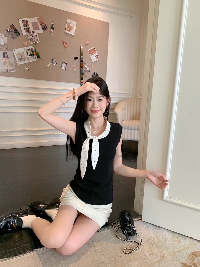 사람들 면 디자인 센스 달콤함 나비 매듭 도트 무늬 조끼 슬립 여성 여름 외출용 슬림해 보이는 민소매 맨위 상세 이미지 1