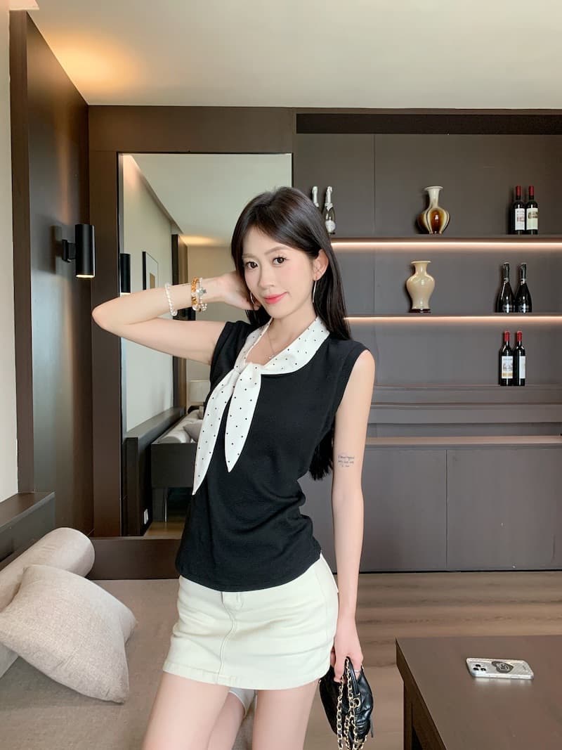 사람들 면 디자인 센스 달콤함 나비 매듭 도트 무늬 조끼 슬립 여성 여름 외출용 슬림해 보이는 민소매 맨위 상세 이미지 12