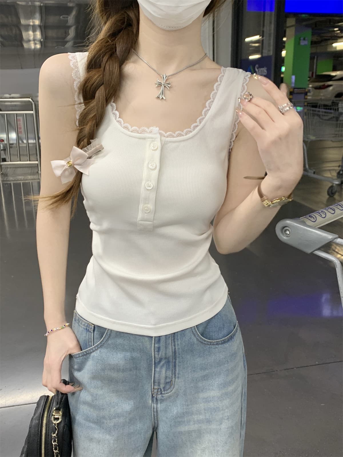 원본 원단 달콤한 핫걸 화이트 광장 칼라 레이스 작은 슬링 만나는 조끼 여성 봄 가을 2026 인사이드 착용 가져 가라. 상세 이미지 11