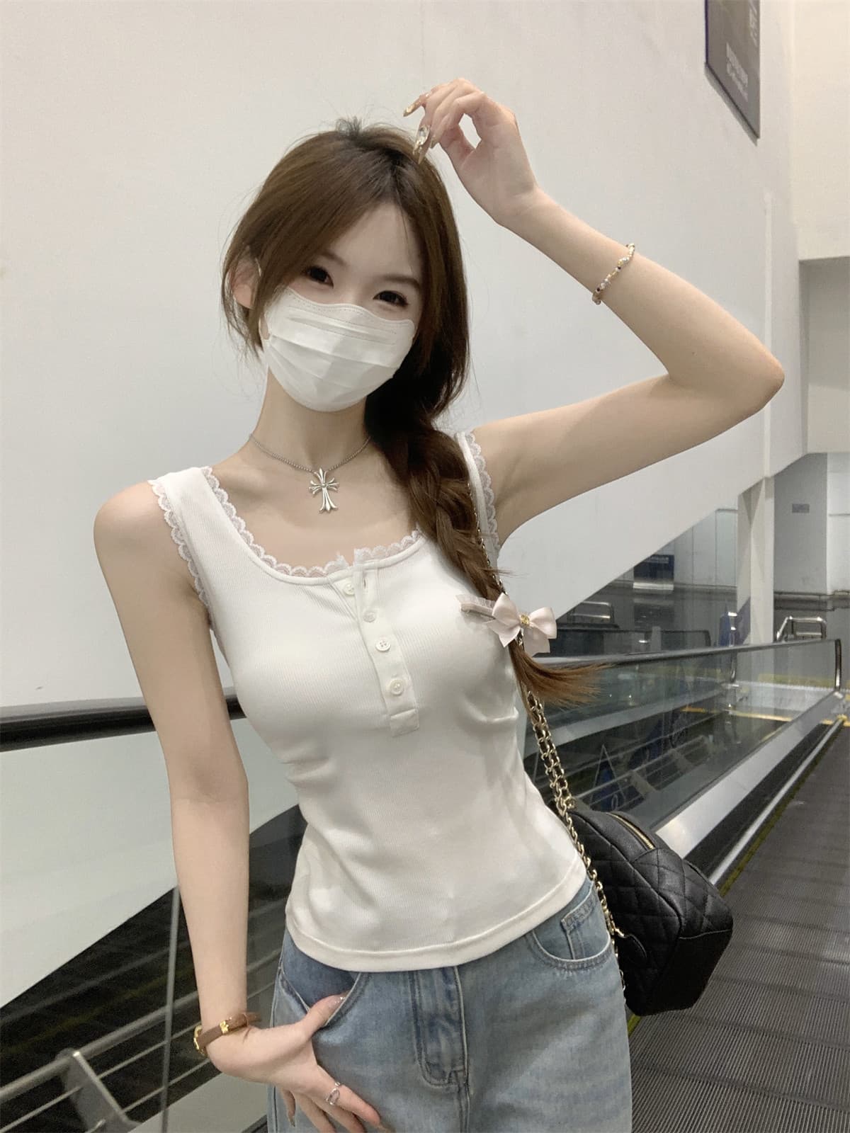 원본 원단 달콤한 핫걸 화이트 광장 칼라 레이스 작은 슬링 만나는 조끼 여성 봄 가을 2026 인사이드 착용 가져 가라. 상세 이미지 18