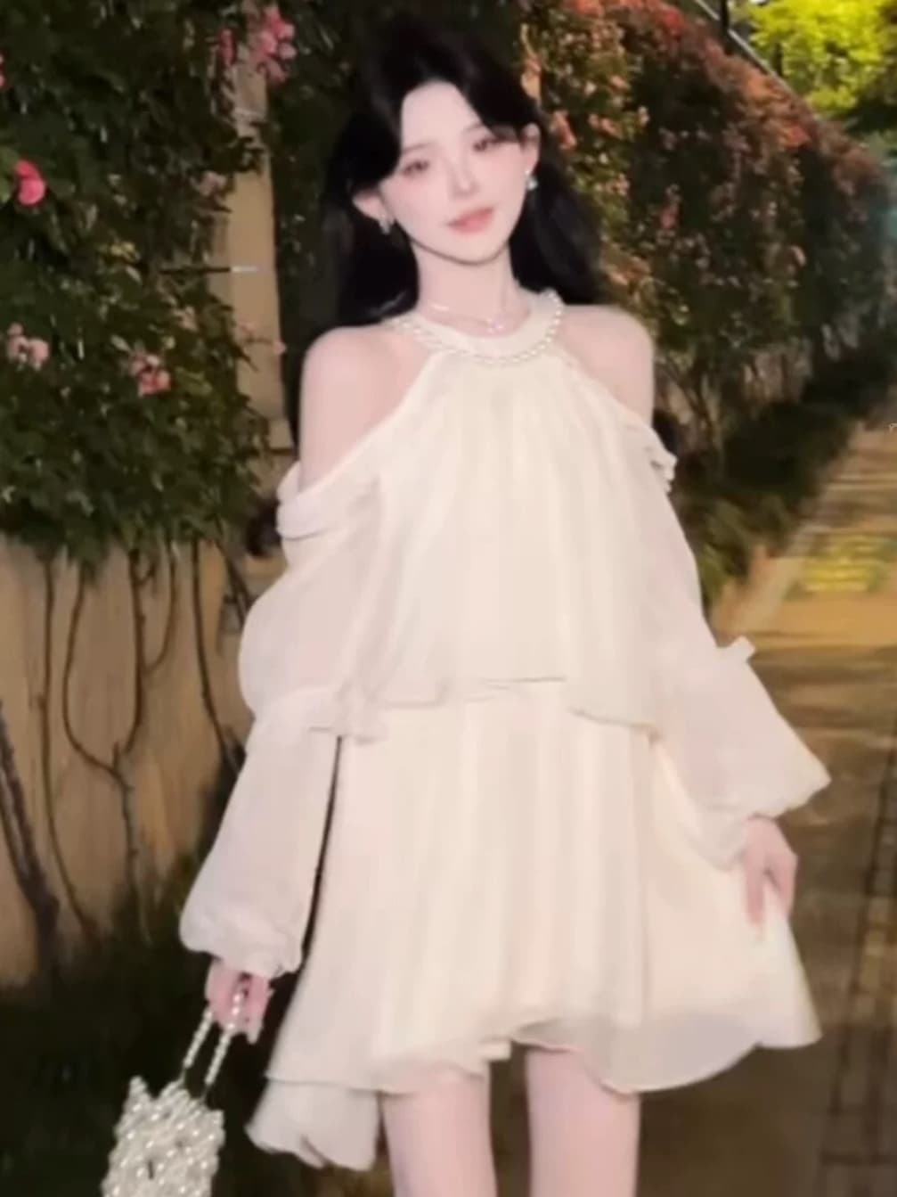 프랑스식 살구 색상 진주 행침 목 오프숄더 순수한 욕망 여성 드레스 2026 여름 섹시함 달콤함 긴팔 쉬폰 드레스 상세 이미지 3
