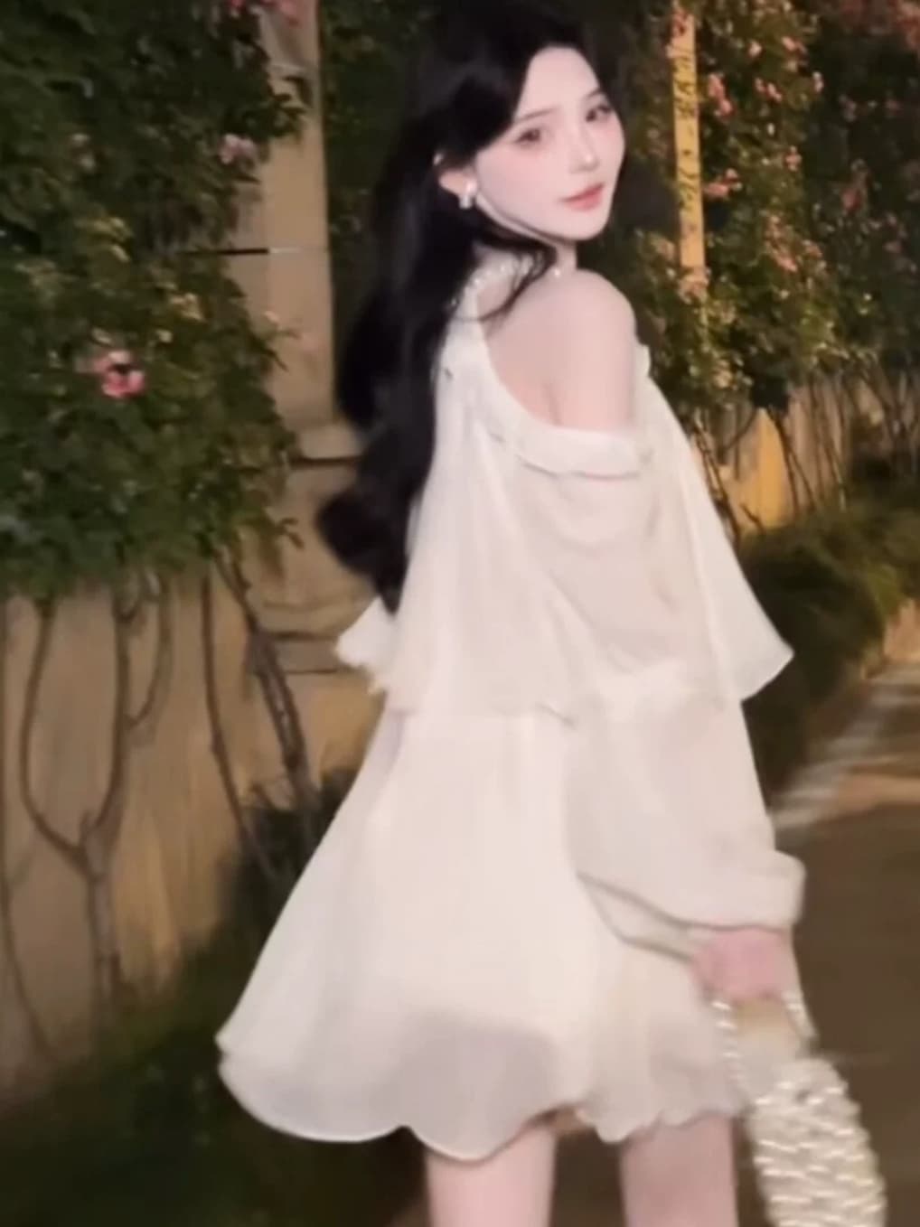 프랑스식 살구 색상 진주 행침 목 오프숄더 순수한 욕망 여성 드레스 2026 여름 섹시함 달콤함 긴팔 쉬폰 드레스 상세 이미지 4