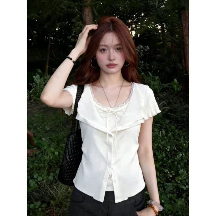 원본 솜씨 순수한 욕망 V넥 레이스업 긍정적 인 어깨 반팔 티셔츠 여성 여름 프릴 페이크 레이어드 허리 수축 슬림해 보이는 맨위 상세 이미지 6
