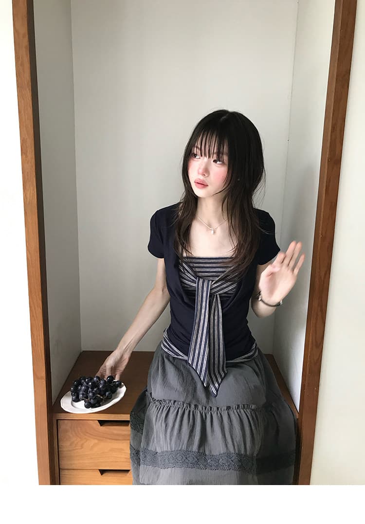 다우 시시 일광 틈 블루 레트로 학원 스타일 가슴 나비 레이스업 맨위 여름 허리 측면 펌프 Pleat 티셔츠 상세 이미지 5