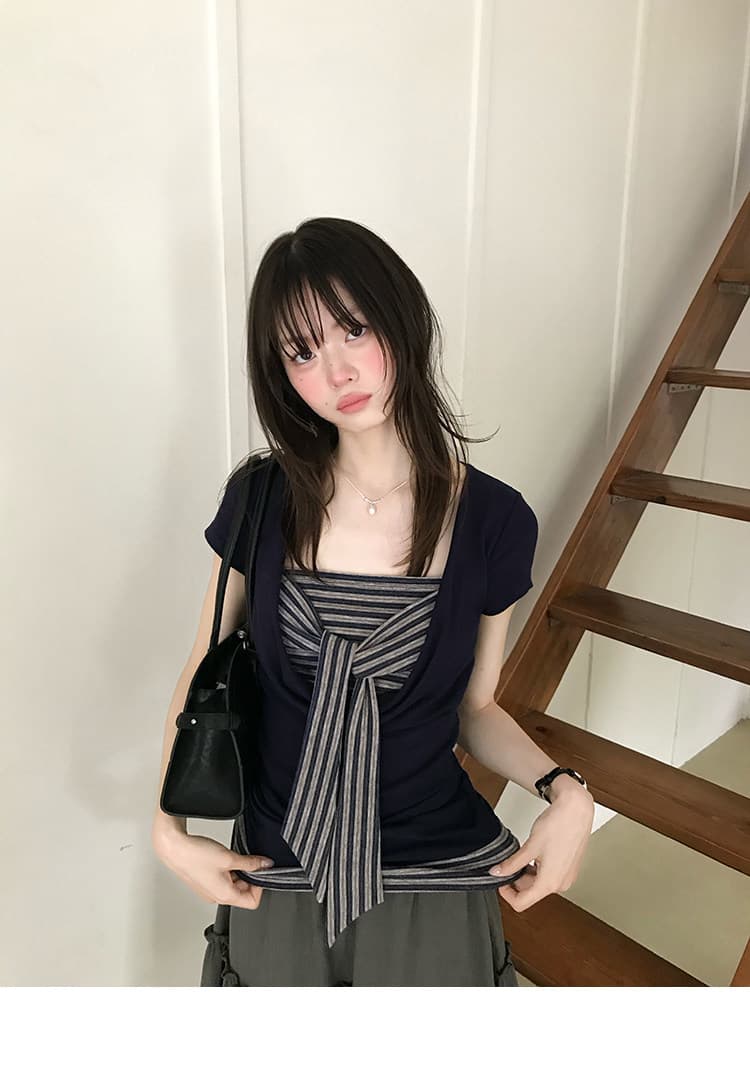 다우 시시 일광 틈 블루 레트로 학원 스타일 가슴 나비 레이스업 맨위 여름 허리 측면 펌프 Pleat 티셔츠 상세 이미지 10