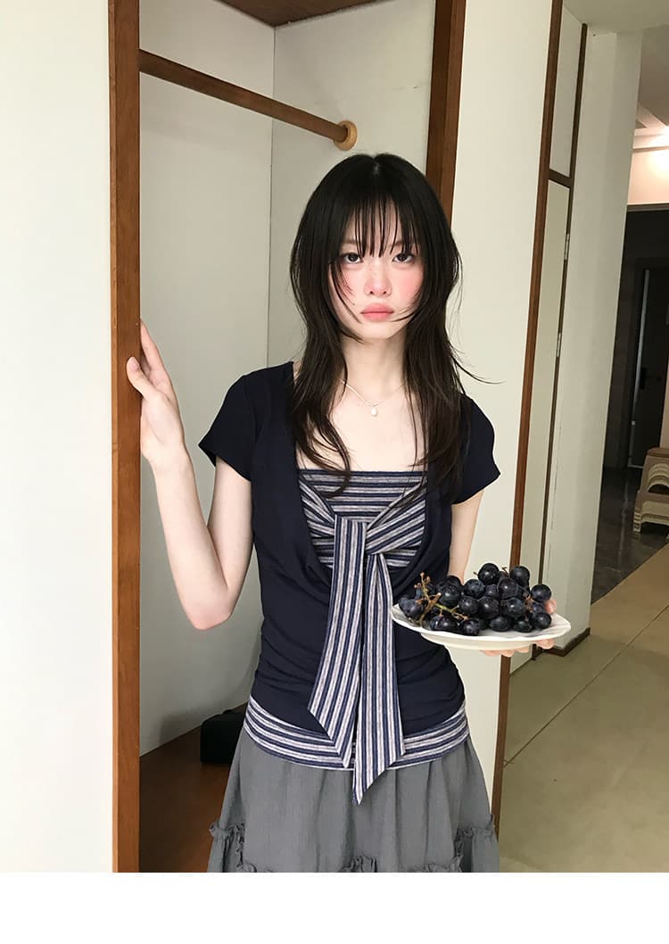 다우 시시 일광 틈 블루 레트로 학원 스타일 가슴 나비 레이스업 맨위 여름 허리 측면 펌프 Pleat 티셔츠 상세 이미지 22