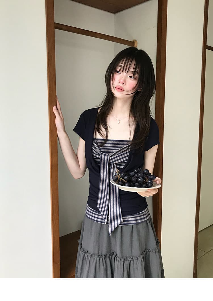 다우 시시 일광 틈 블루 레트로 학원 스타일 가슴 나비 레이스업 맨위 여름 허리 측면 펌프 Pleat 티셔츠 상세 이미지 23