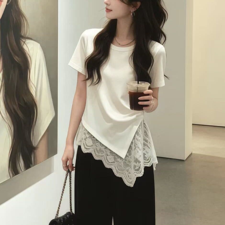 디자인 센스 레이스 조각 긍정적 인 어깨 화이트 티셔츠 여성 여름 지방 mm 슬림해 보이는 자이언트 잘 생긴 ~ 중 반팔 맨위 이미지 4