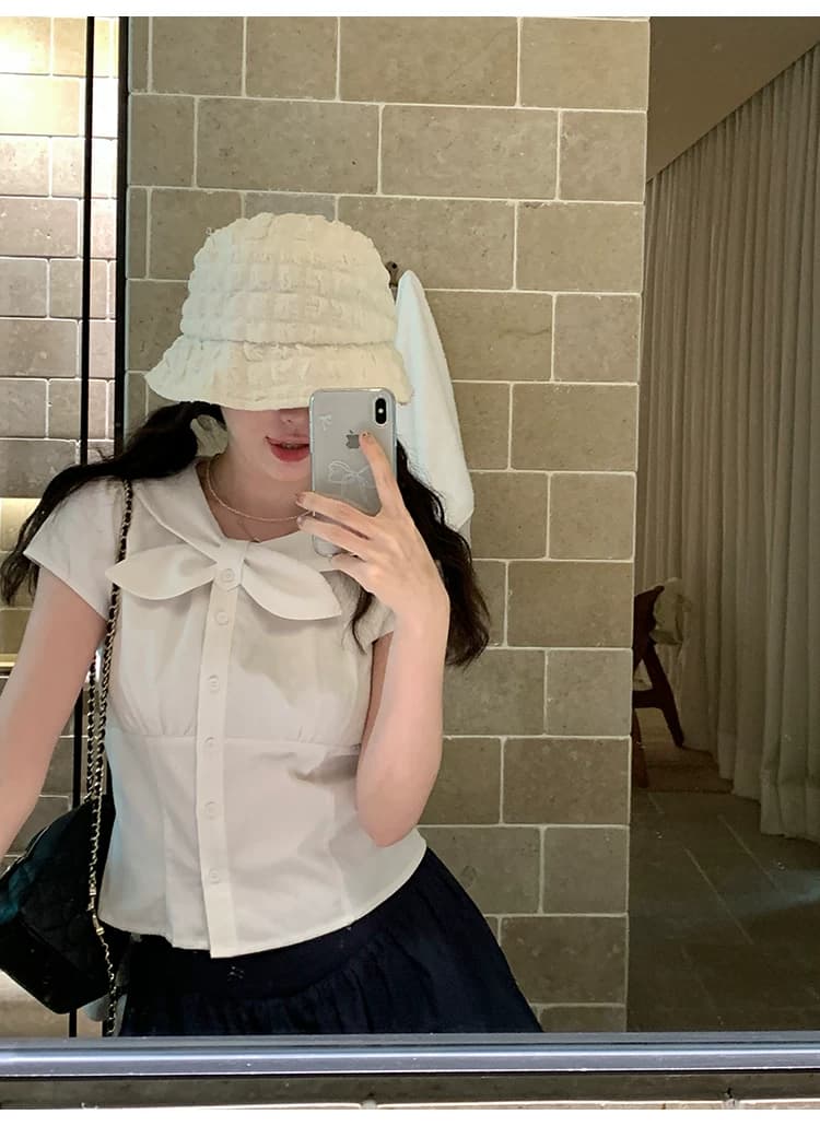 2026 새로운 여름 반팔 여성 셔츠 한 부서 라운드 넥 허리 수축 나비 넥타이 셔츠 허리 수축 슬림해 보이는 맨위 상세 이미지 20