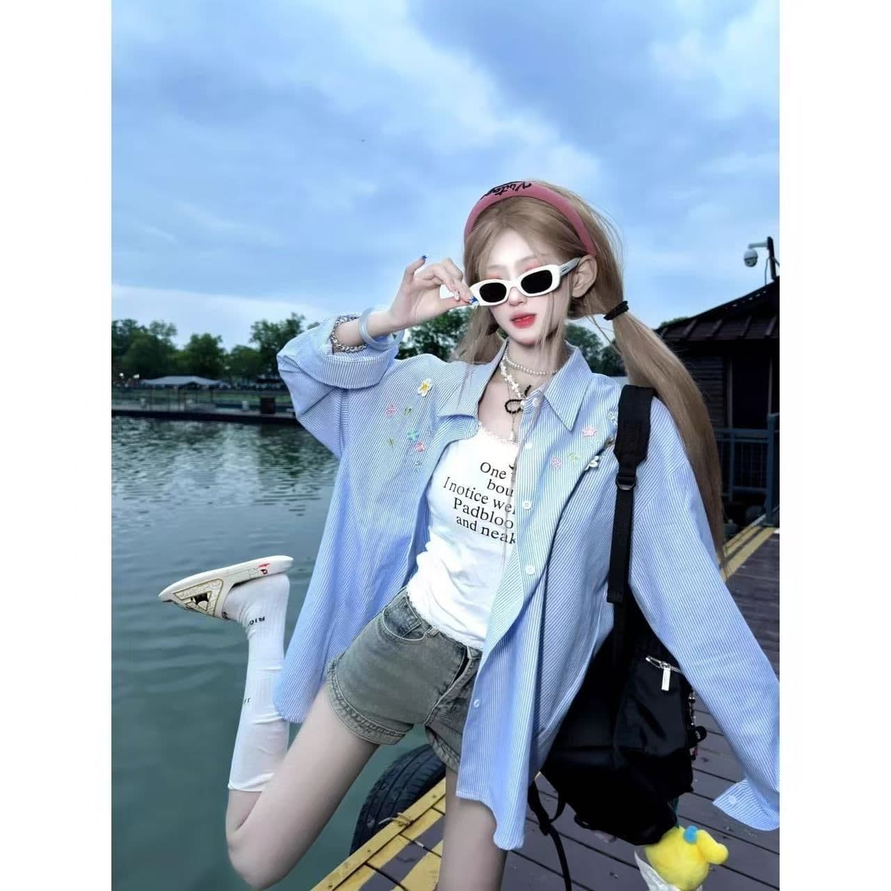 원본 원단 자수 스트라이프 여성 셔츠 스택 착용 표지 고기 루즈핏 다용도 셔츠 외부 가져 가라. 자외선 차단 오픈 가디건 ins 트렌디 상세 이미지 11