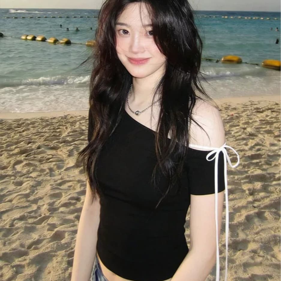 아메리칸 핫걸 비스듬한 어깨 반팔 티셔츠 여성 여름 섹시함 스트랩 허리 수축 슬림해 보이는 오프숄더 쇼트 스타일 맨위 이미지 4