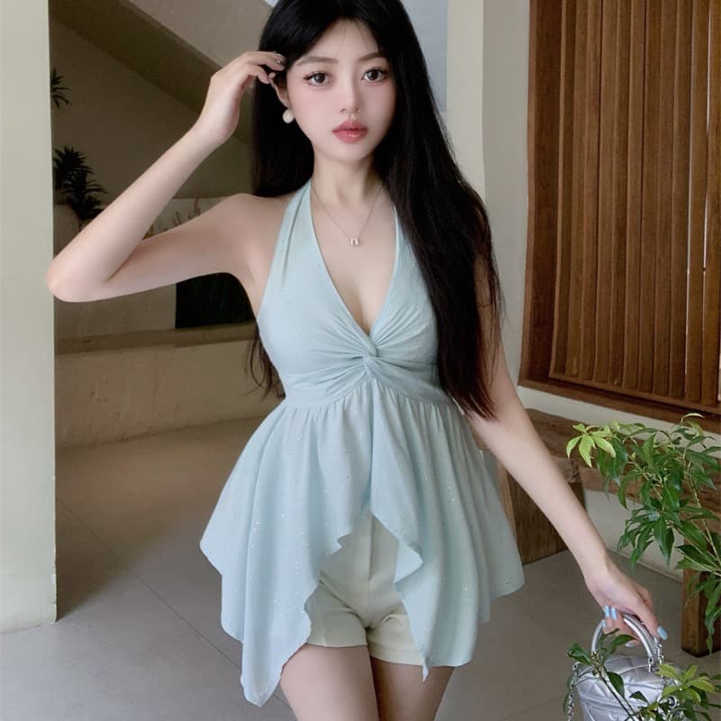 원본 것 페이크 레이어드 비스듬한 어깨 스트랩 반팔 티셔츠 여성 여름 고유 한 오프숄더 핫걸 맨위 이미지 5