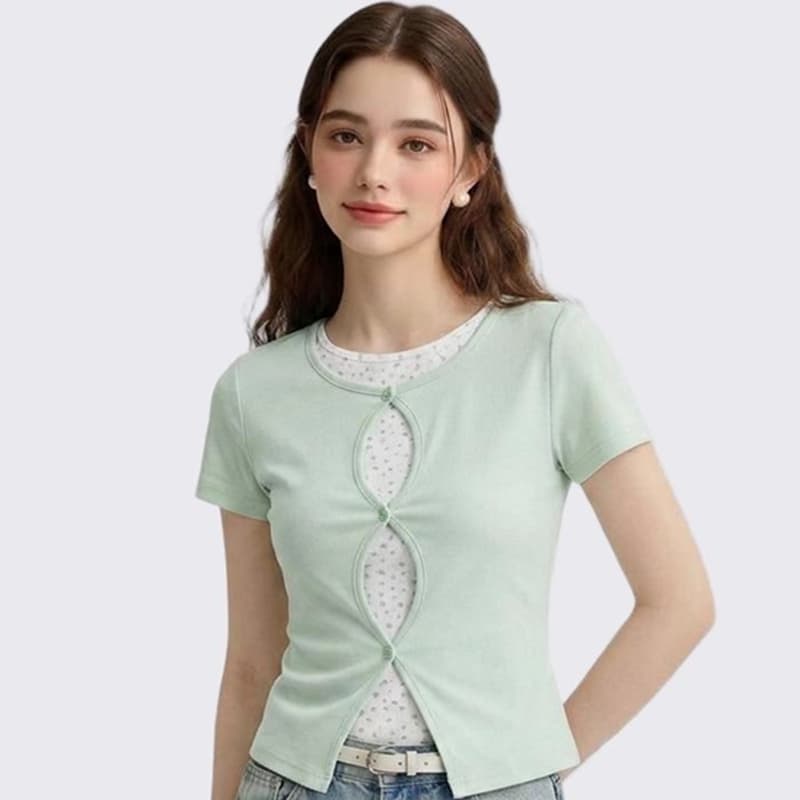 자이언트 잘 생긴 홀로우 아웃 도트 무늬 페이크 레이어드 반팔 티셔츠 여성 여름 2026 슈퍼 화재 슬림해 보이는 라운드 넥 풀오버 다용도 맨위 이미지 5