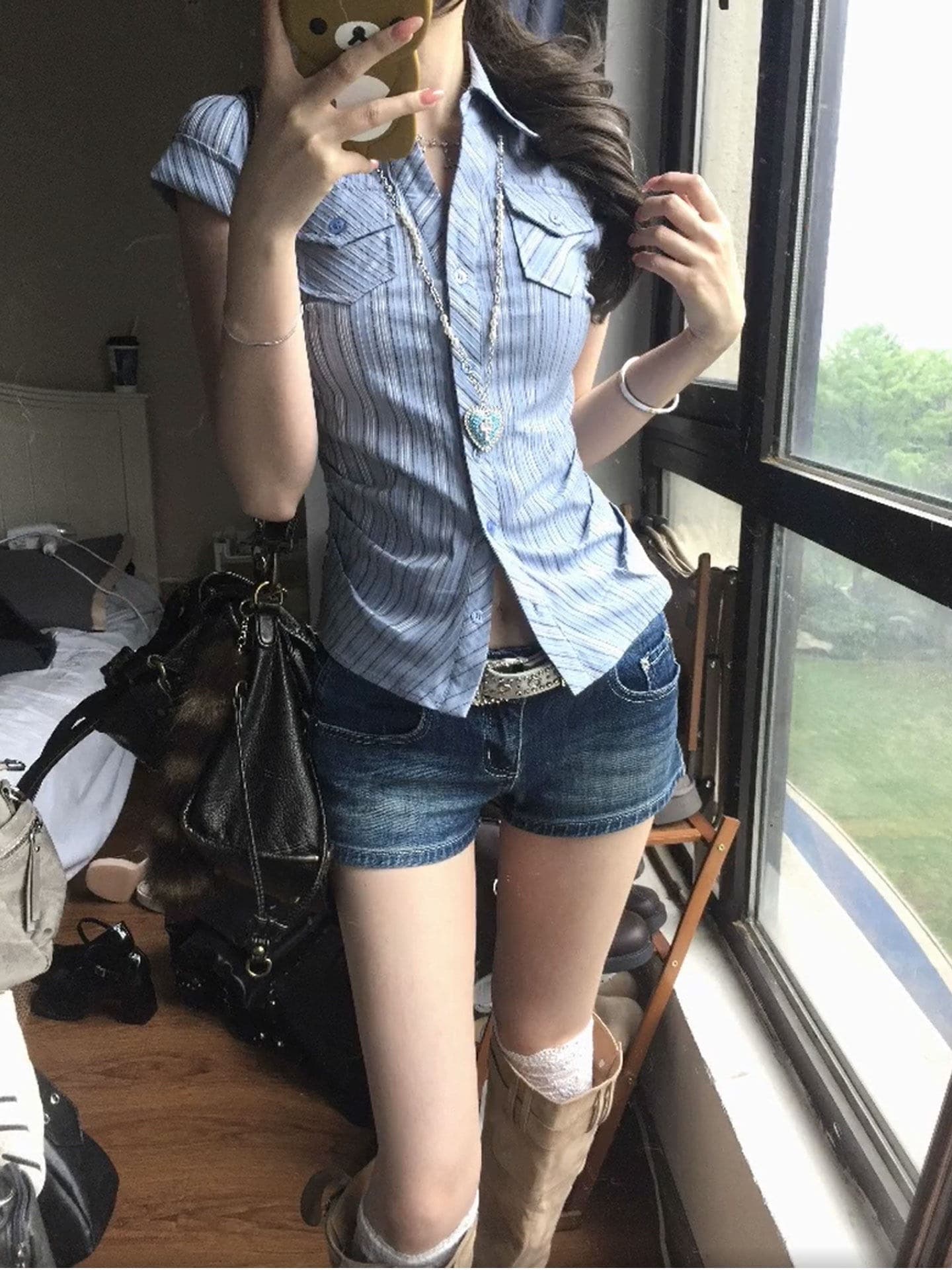원본 자카드 한 부서 꼬집기 허리 질감 센스 스트라이프 주머니 셔츠 긍정적 인 어깨 반팔 맨위 여성 작은 셔츠 상세 이미지 6