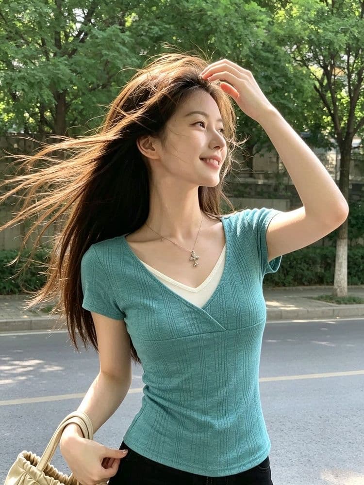 트렌드 V넥 긍정적 인 어깨 반팔 티셔츠 여성 의류 2026 년 여름 새로운 페이크 레이어드 패치워크 몸매 가꾸기 슬림해 보이는 맨위 트렌디 상세 이미지 10