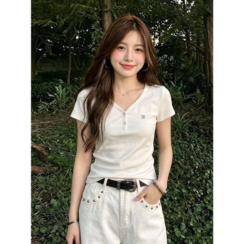 260 그램 사람들 면 V넥 알파벳 금속 표준 몸매 가꾸기 반팔 티셔츠 여성 여름 몸매 가꾸기 슬림해 보이는 디자인 센스 맨위 이미지 2