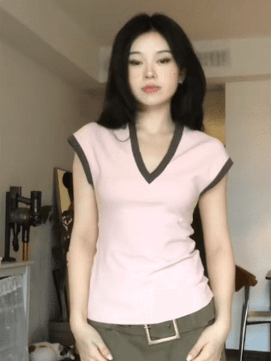 특별 가격 40 1 1 좋은 면 210 그램 한 부서 배색 V넥 티셔츠 여성 디자인 센스