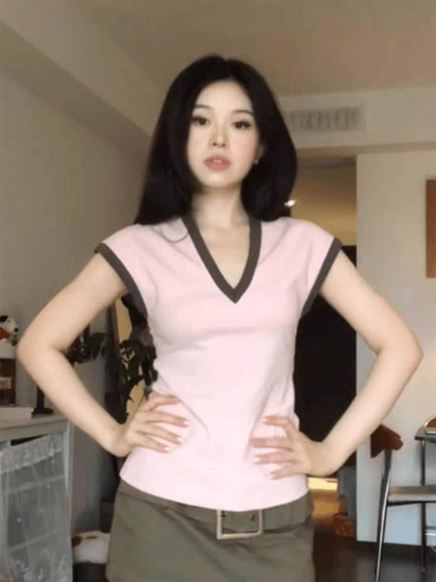 특별 가격 40 1 1 좋은 면 210 그램 한 부서 배색 V넥 티셔츠 여성 디자인 센스 이미지 4