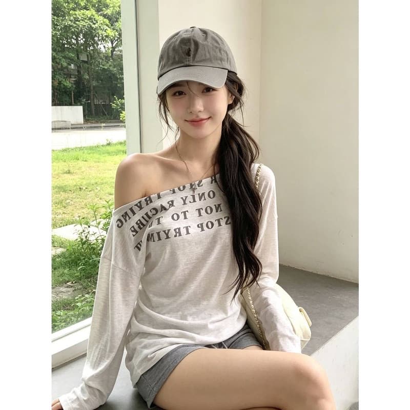 라이 경기 서울 눈꽃 면 알파벳 프린트 비스듬한 어깨 얇은 스타일 긴팔 티셔츠 여성 여름 루즈핏 허리 수축 자외선 차단 맨위 이미지 4