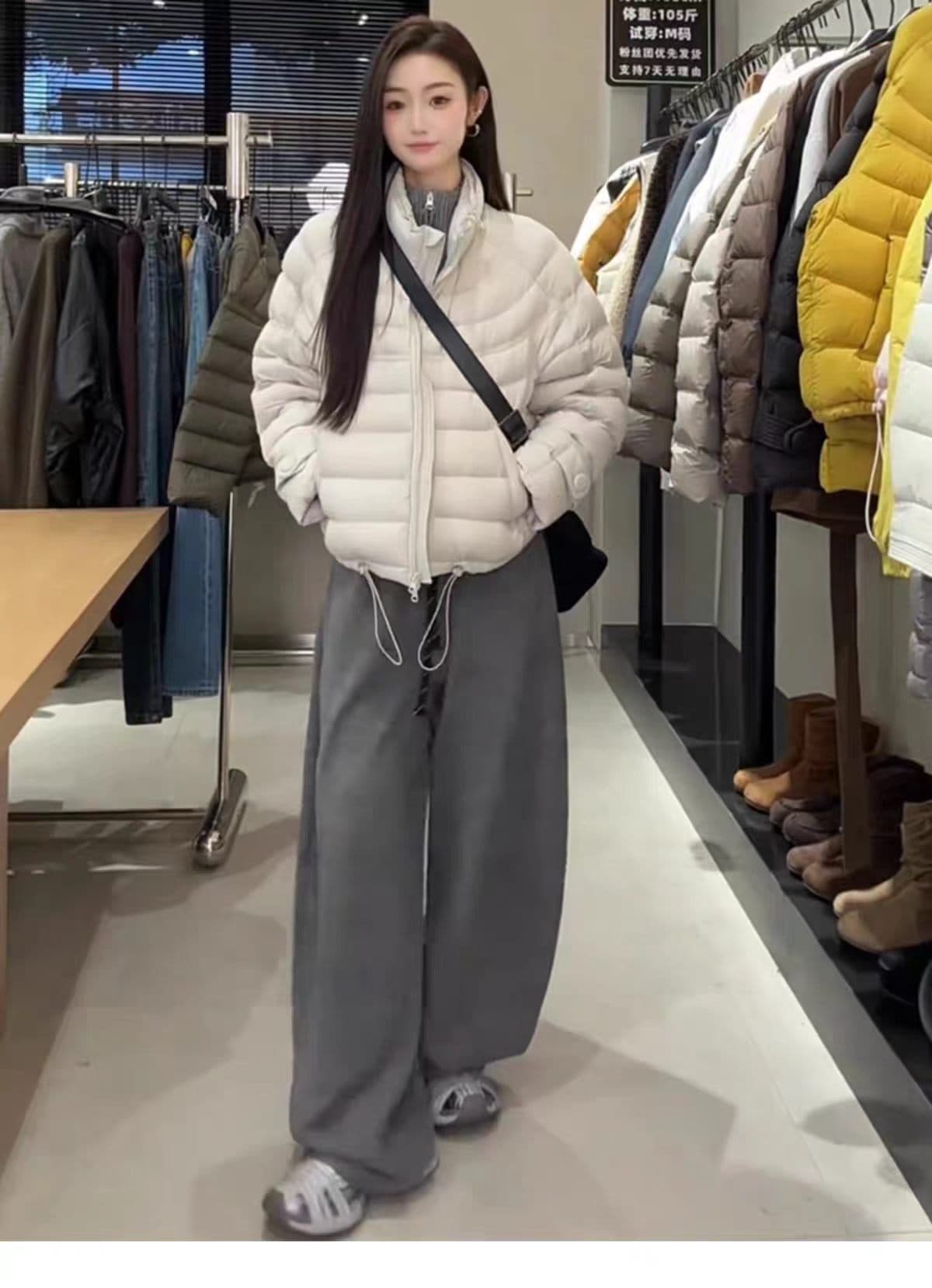 한 부서 가로 줄무늬 누비 이불의 재료 솔기 쇼트 스타일 면 의류 스탠드 칼라 지퍼 펌프 로프 밑단 경량 루즈핏 디스플레이 높음 겨울 다용도 맨위 상세 이미지 1