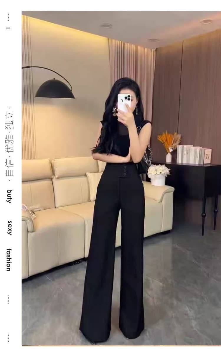 검정색 단추 하이웨이스트 부츠컷 정장 바지 여성 봄과 가을 2026 새로운 품격 도루 센스 아니요 막대기 다리 나팔 긴 바지 상세 이미지 5