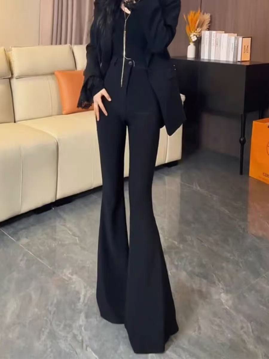 플레어 바지 가을 겨울 신축성 두꺼운 검정색 바지 하이웨이스트 슬림해 보이는 바닥 청소 바지 도루 센스 캐주얼 긴 바지 정장 바지 이미지 3