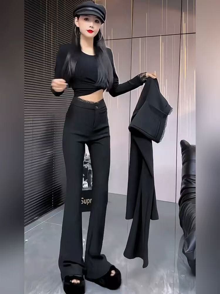 마이크로 플레어 바지 봄 가을 2026 새로운 레이스 조각 정장 바지 검정색 바지 하이웨이스트 슬림해 보이는 캐주얼 긴 바지 이미지 5