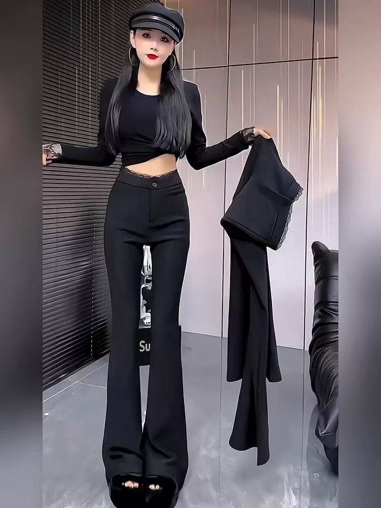 마이크로 플레어 바지 봄 가을 2026 새로운 레이스 조각 정장 바지 검정색 바지 하이웨이스트 슬림해 보이는 캐주얼 긴 바지 상세 이미지 8