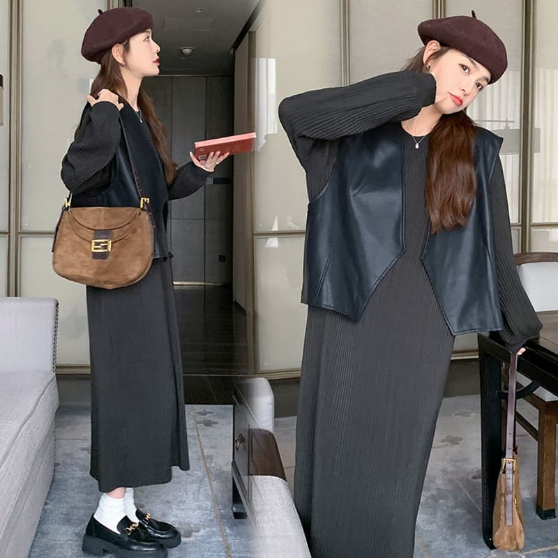 대 물품 가을 새로운 미니멀리즘 디자인 센스 작은 대중 가죽 베스트 빛 럭셔리 후드티 드레스 임산부 투피스 세트 이미지 3