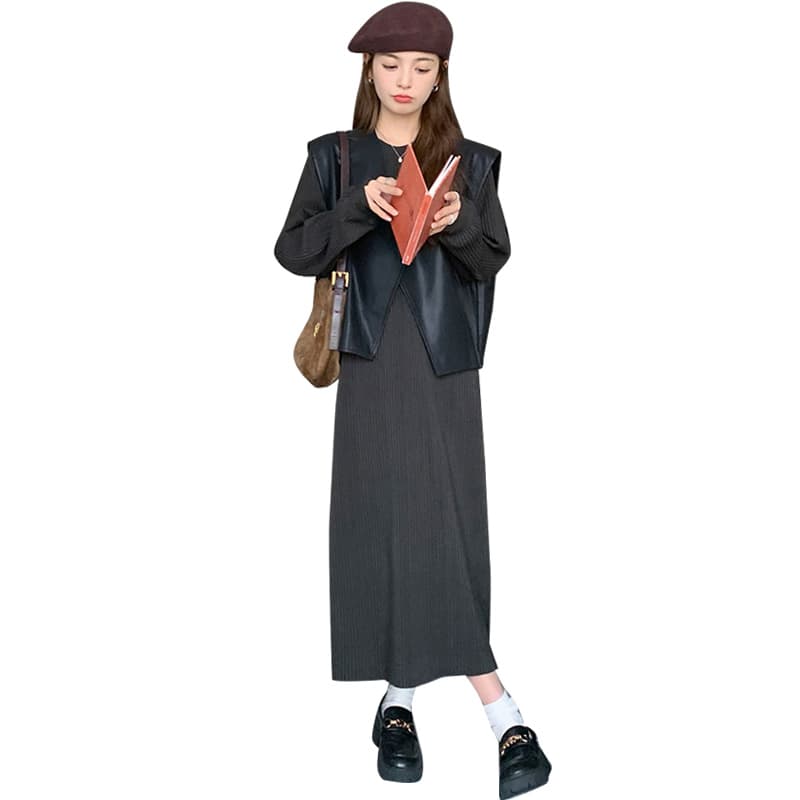 대 물품 가을 새로운 미니멀리즘 디자인 센스 작은 대중 가죽 베스트 빛 럭셔리 후드티 드레스 임산부 투피스 세트 이미지 5